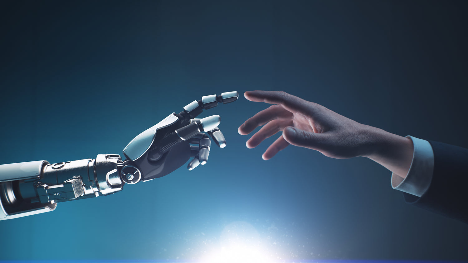 Robot hand and human hand reaching towards, symbolizing connection, innovation, and the transformative power of methodology-neutral solutions.