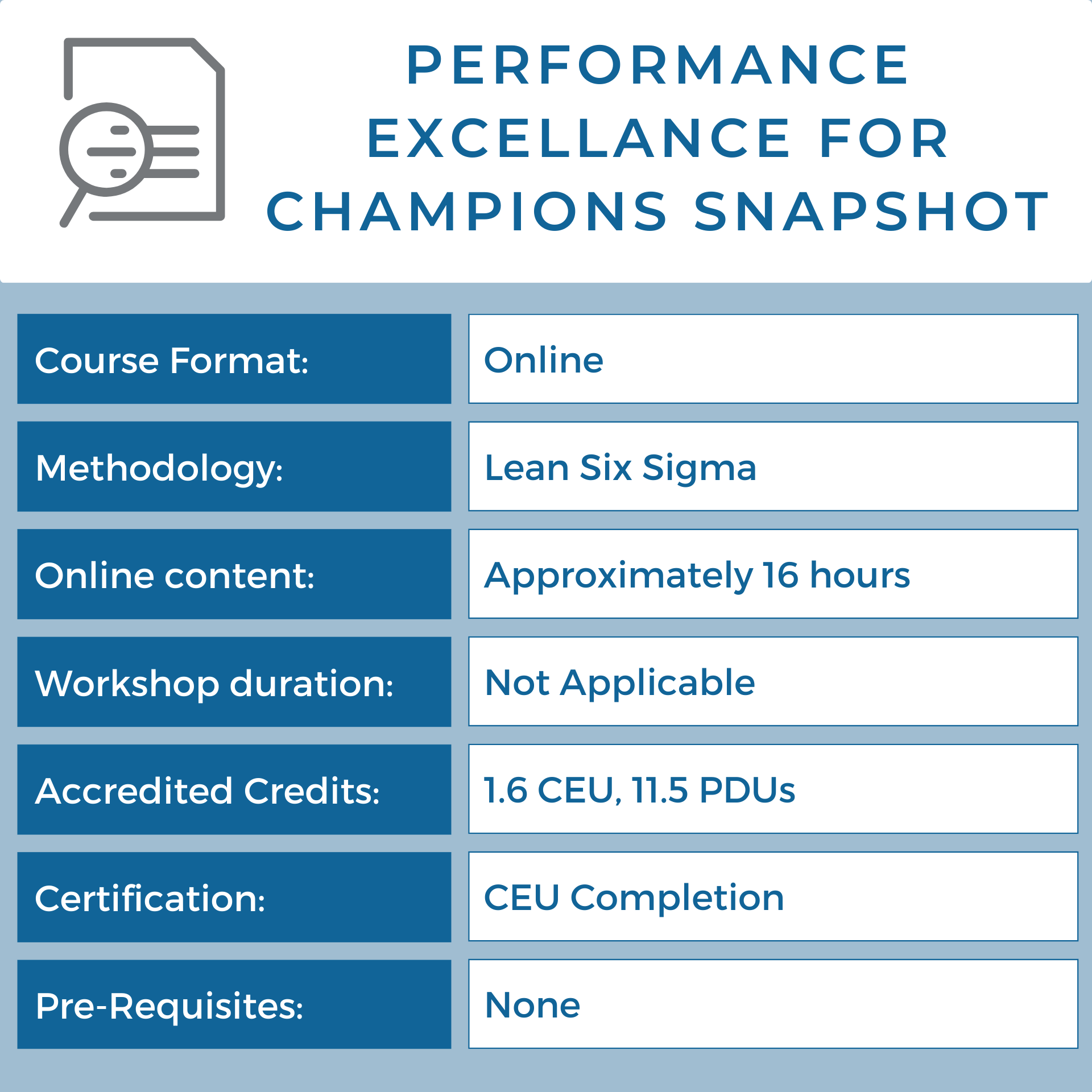 Snapshot of Lean Six Sigma Champion or Sponsor course highlights, including training formats and key features.
